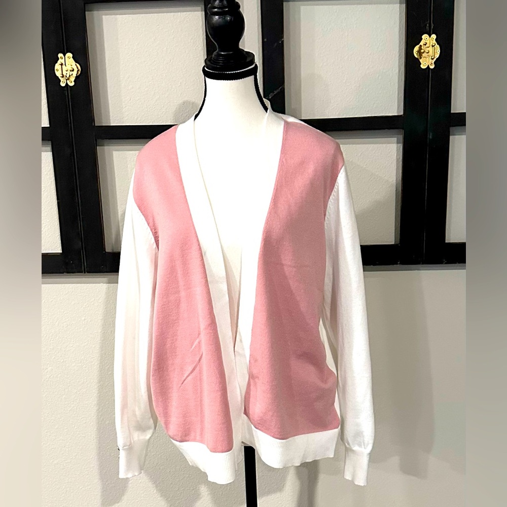Open-Front Pink & White Lightweight Cardigan Sweater